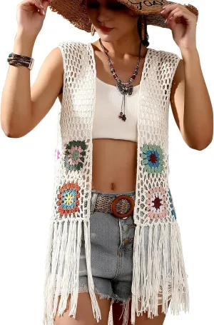 Women's Floral Crochet Hollow Out Sleeveless Fringe Boho Retro-Look Handmade Cardigan Vest Tassels