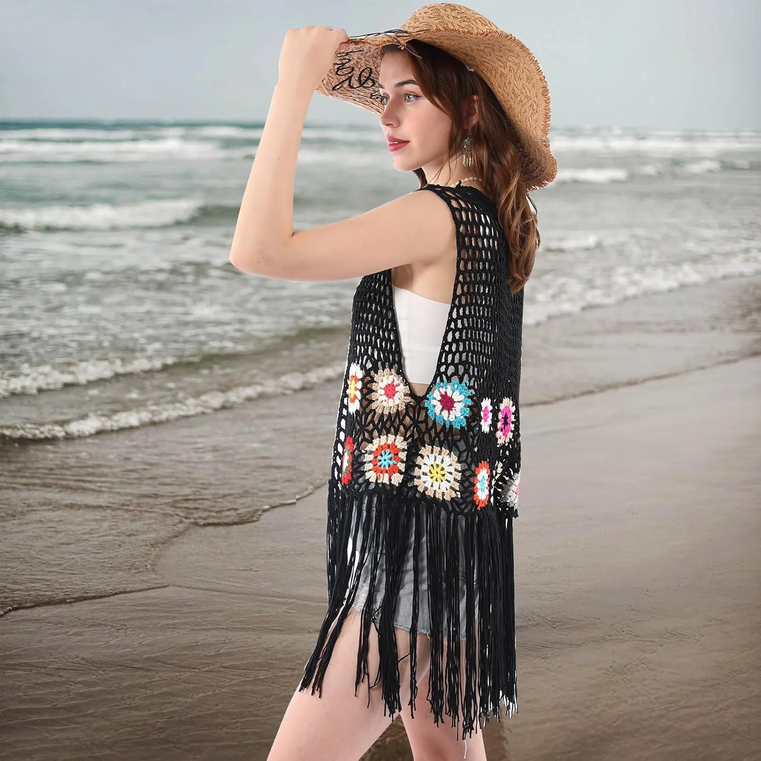 Women's Floral Crochet Hollow Out Sleeveless Fringe Boho Retro-Look Handmade Cardigan Vest Tassels