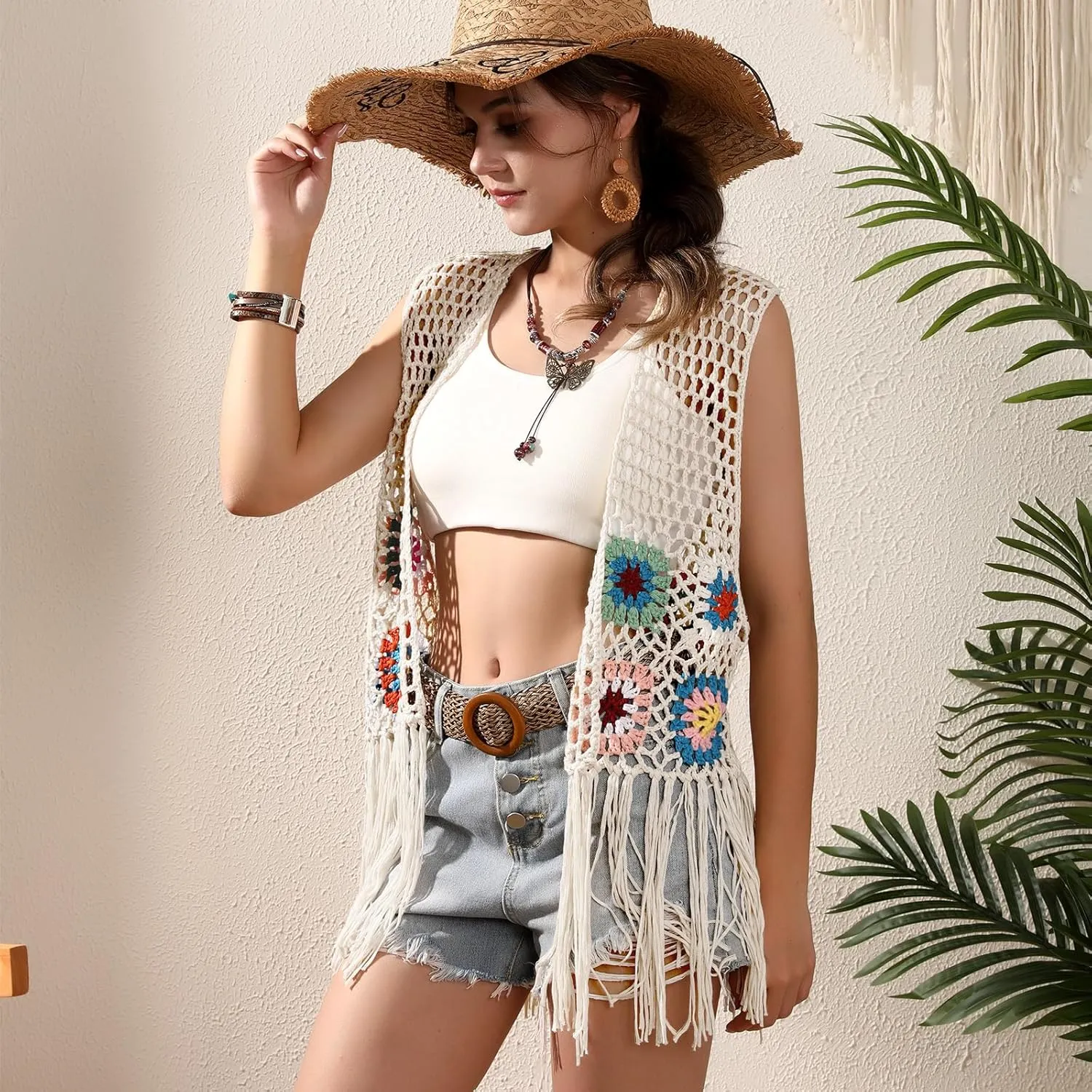 Women's Floral Crochet Hollow Out Sleeveless Fringe Boho Retro-Look Handmade Cardigan Vest Tassels