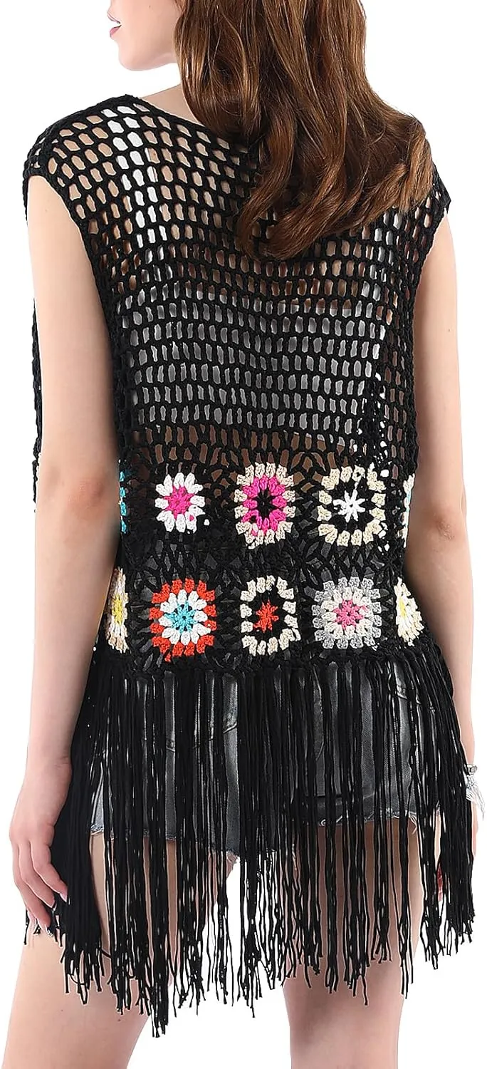 Women's Floral Crochet Hollow Out Sleeveless Fringe Boho Retro-Look Handmade Cardigan Vest Tassels