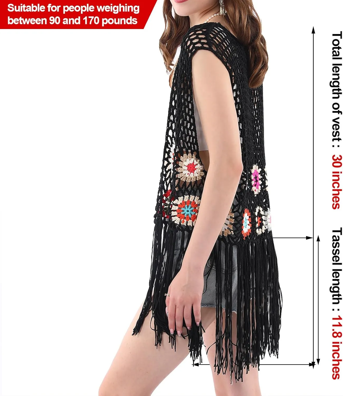 Women's Floral Crochet Hollow Out Sleeveless Fringe Boho Retro-Look Handmade Cardigan Vest Tassels