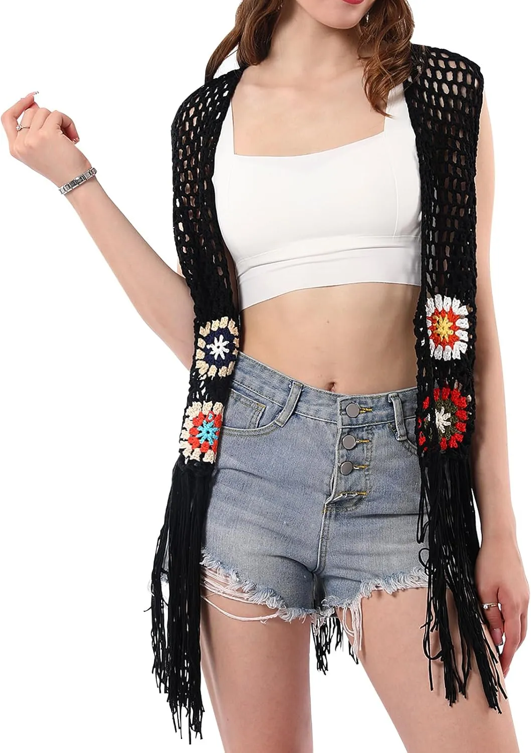 Women's Floral Crochet Hollow Out Sleeveless Fringe Boho Retro-Look Handmade Cardigan Vest Tassels