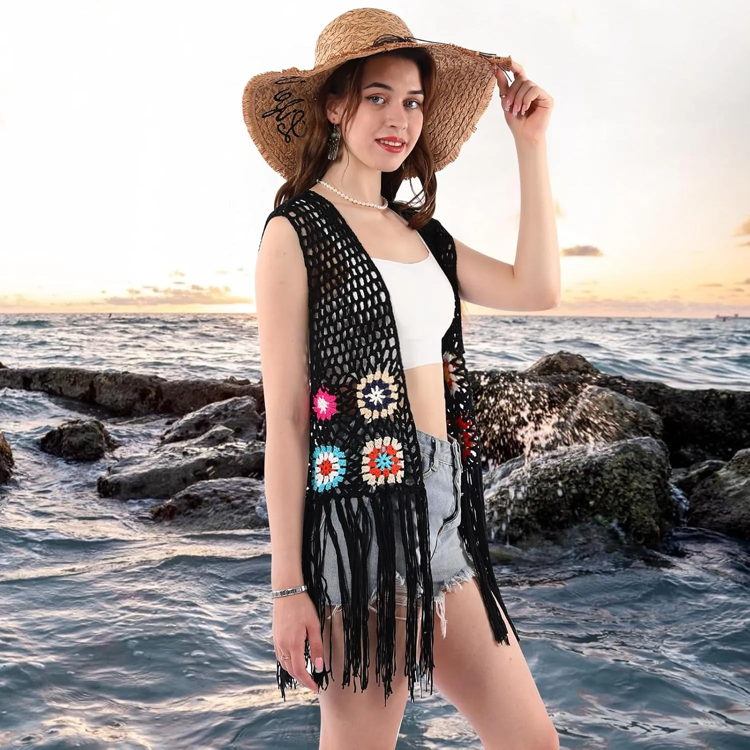 Women's Floral Crochet Hollow Out Sleeveless Fringe Boho Retro-Look Handmade Cardigan Vest Tassels