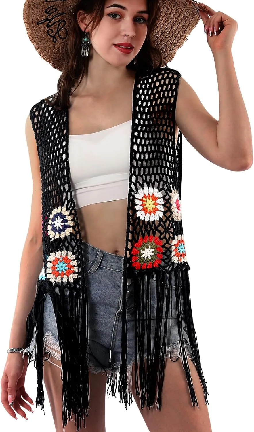 Women's Floral Crochet Hollow Out Sleeveless Fringe Boho Retro-Look Handmade Cardigan Vest Tassels