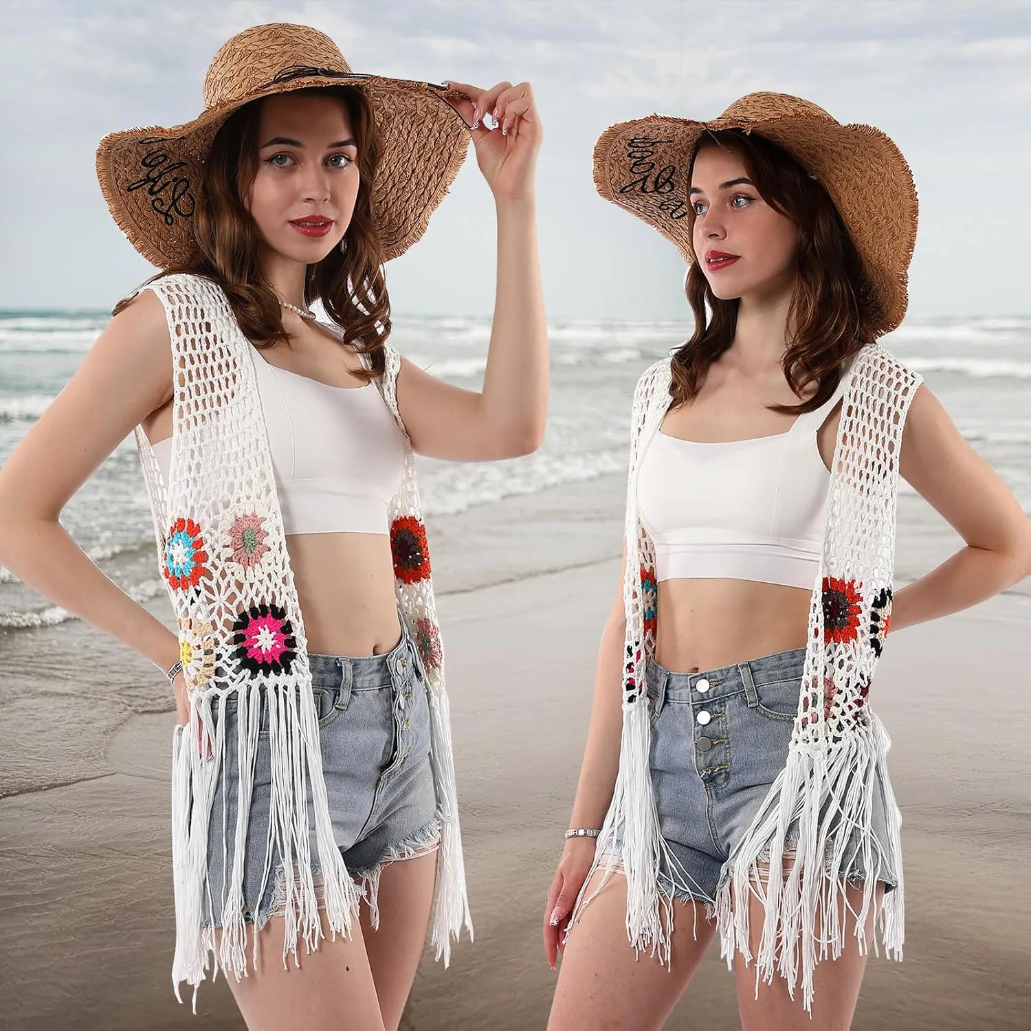 Women's Floral Crochet Hollow Out Sleeveless Fringe Boho Retro-Look Handmade Cardigan Vest Tassels