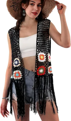 Women's Floral Crochet Hollow Out Sleeveless Fringe Boho Retro-Look Handmade Cardigan Vest Tassels