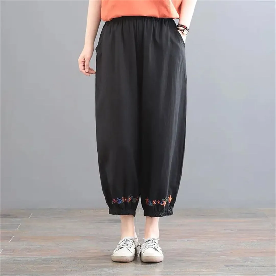Women's Harem Pants Cotton and Linen Retro Solid Color Ankle Length Casual Loose Pants