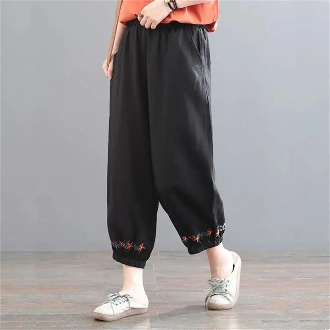 Women's Harem Pants Cotton and Linen Retro Solid Color Ankle Length Casual Loose Pants