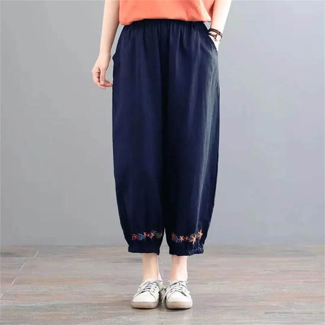 Women's Harem Pants Cotton and Linen Retro Solid Color Ankle Length Casual Loose Pants