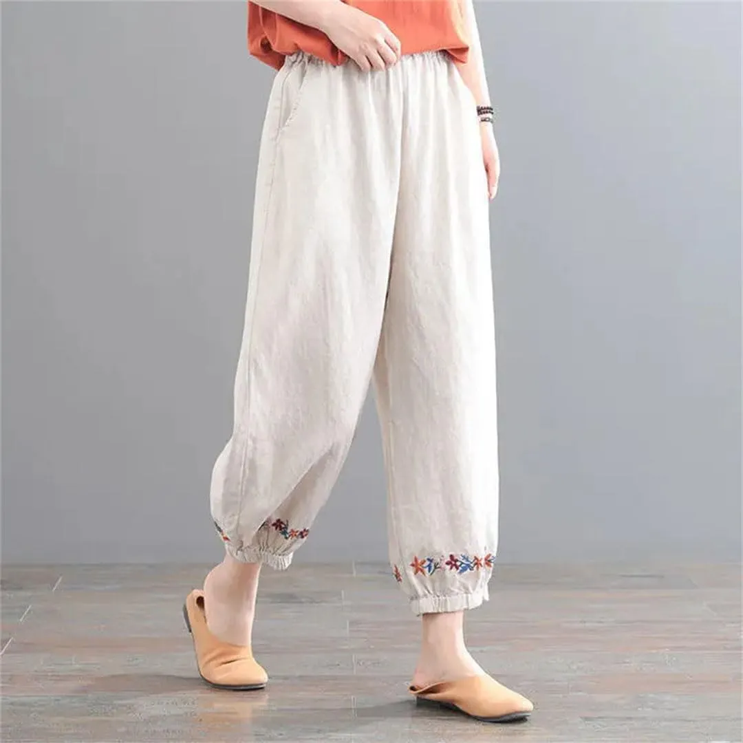 Women's Harem Pants Cotton and Linen Retro Solid Color Ankle Length Casual Loose Pants