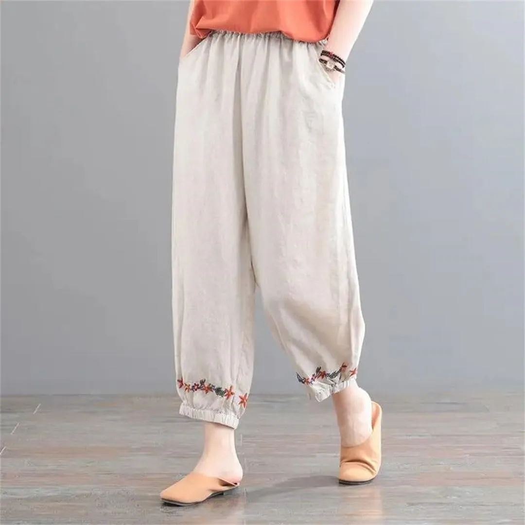 Women's Harem Pants Cotton and Linen Retro Solid Color Ankle Length Casual Loose Pants