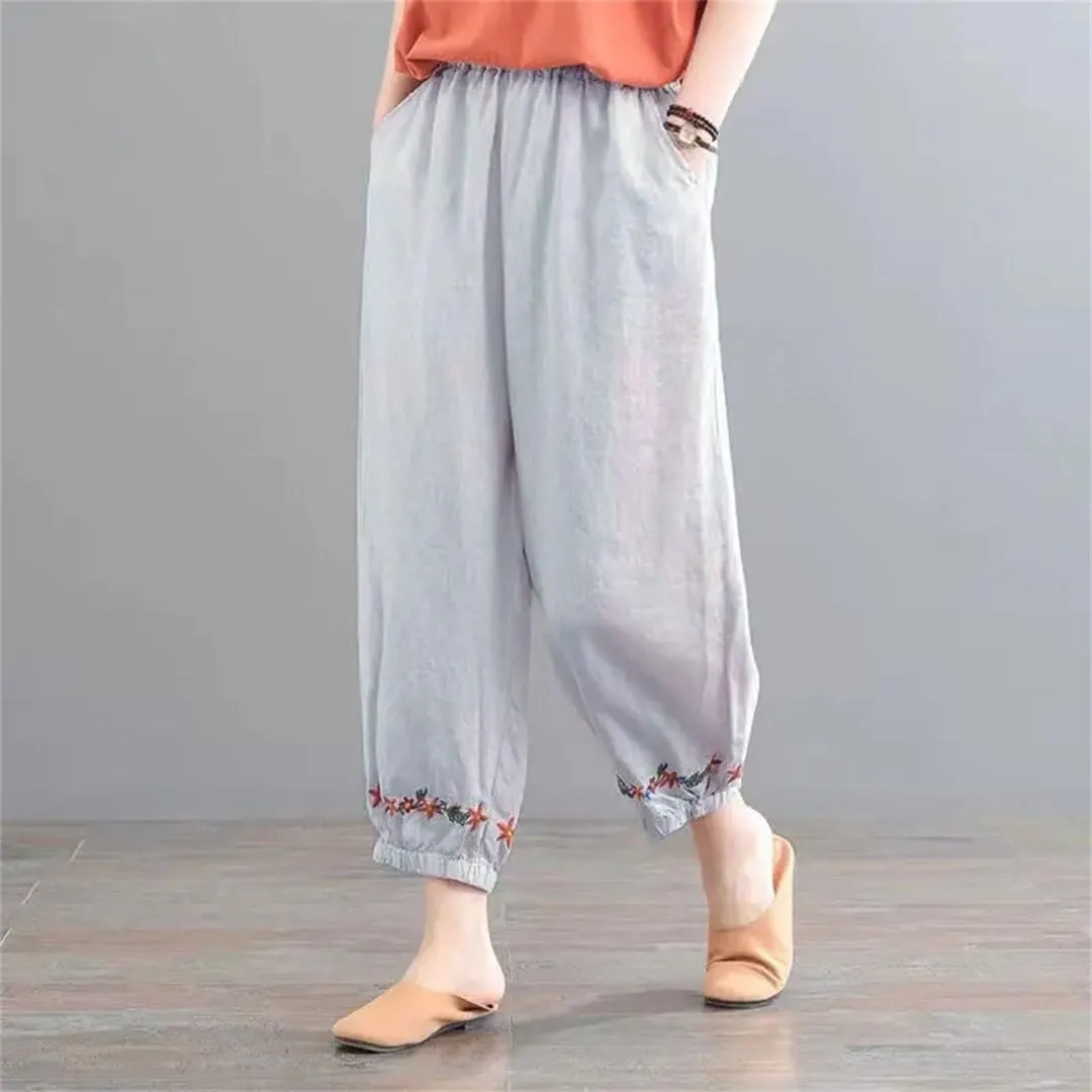 Women's Harem Pants Cotton and Linen Retro Solid Color Ankle Length Casual Loose Pants