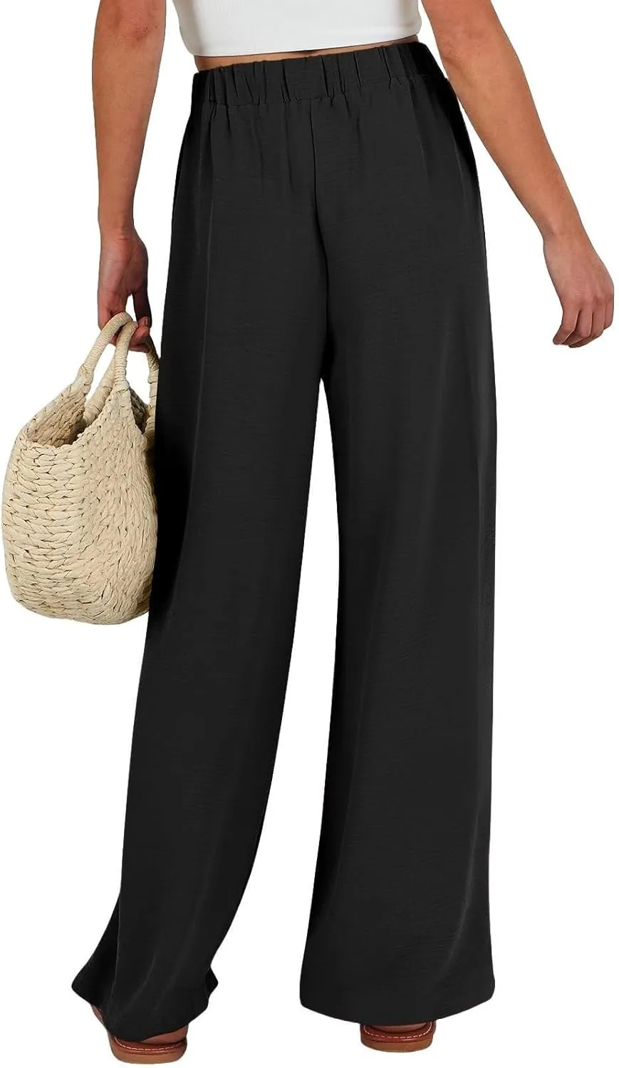 Womens High Waist Wide Leg Pants with Adjustable Knot & Pockets, Loose Fit Business Casual Office Work Trousers