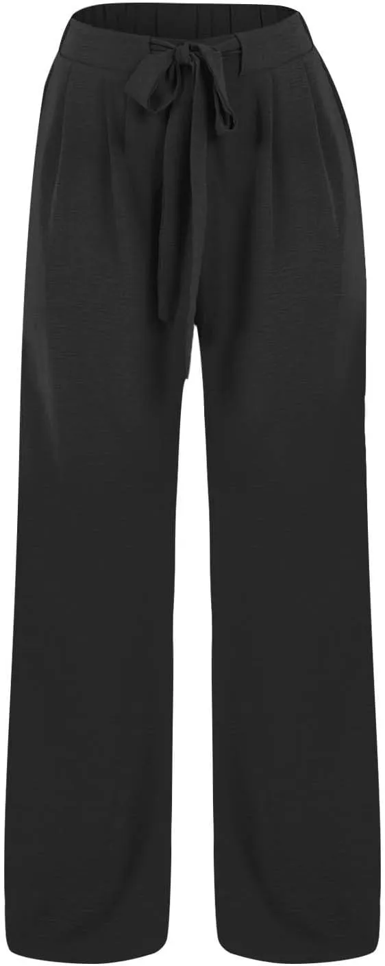 Womens High Waist Wide Leg Pants with Adjustable Knot & Pockets, Loose Fit Business Casual Office Work Trousers