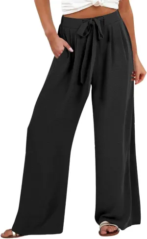 Womens High Waist Wide Leg Pants with Adjustable Knot & Pockets, Loose Fit Business Casual Office Work Trousers
