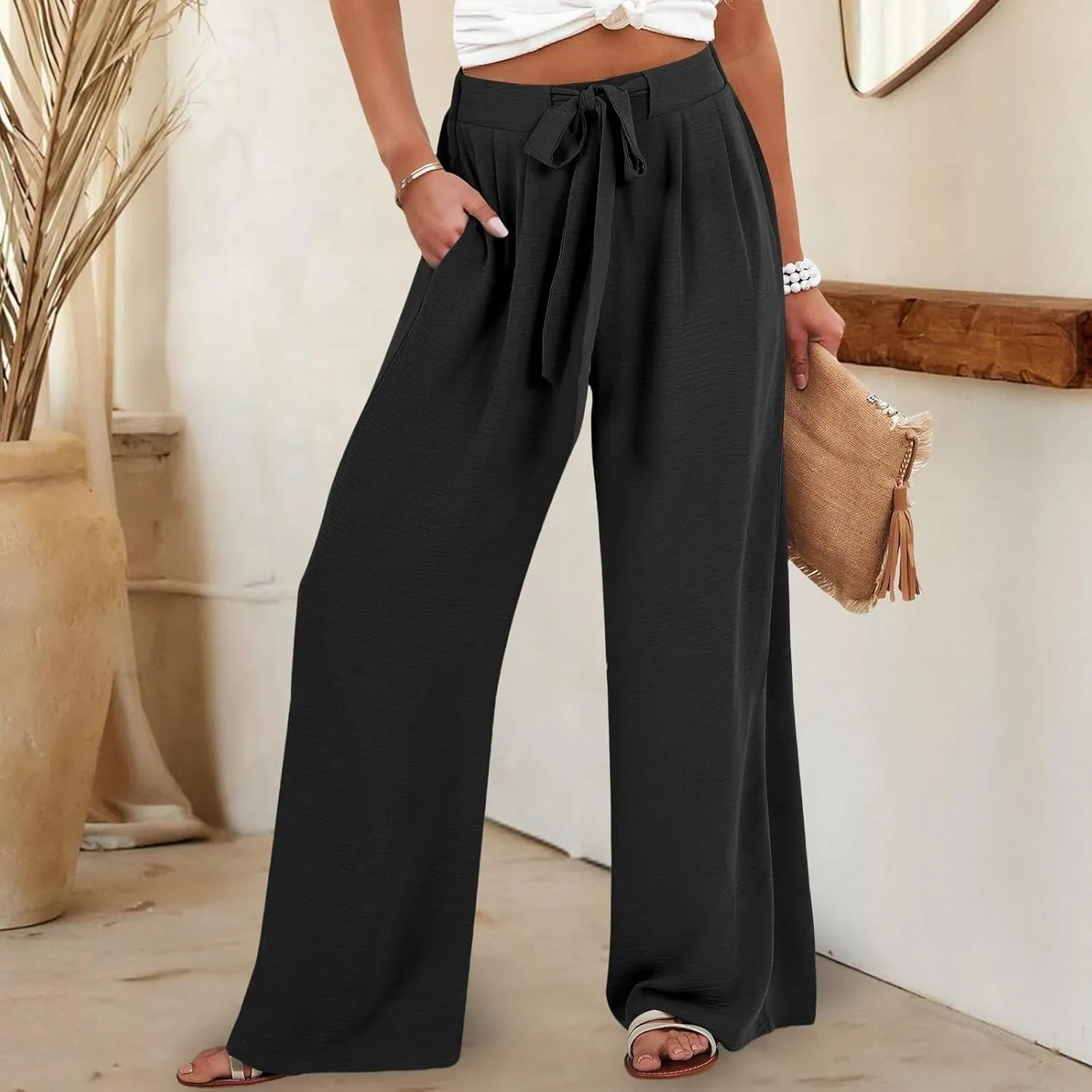 Womens High Waist Wide Leg Pants with Adjustable Knot & Pockets, Loose Fit Business Casual Office Work Trousers