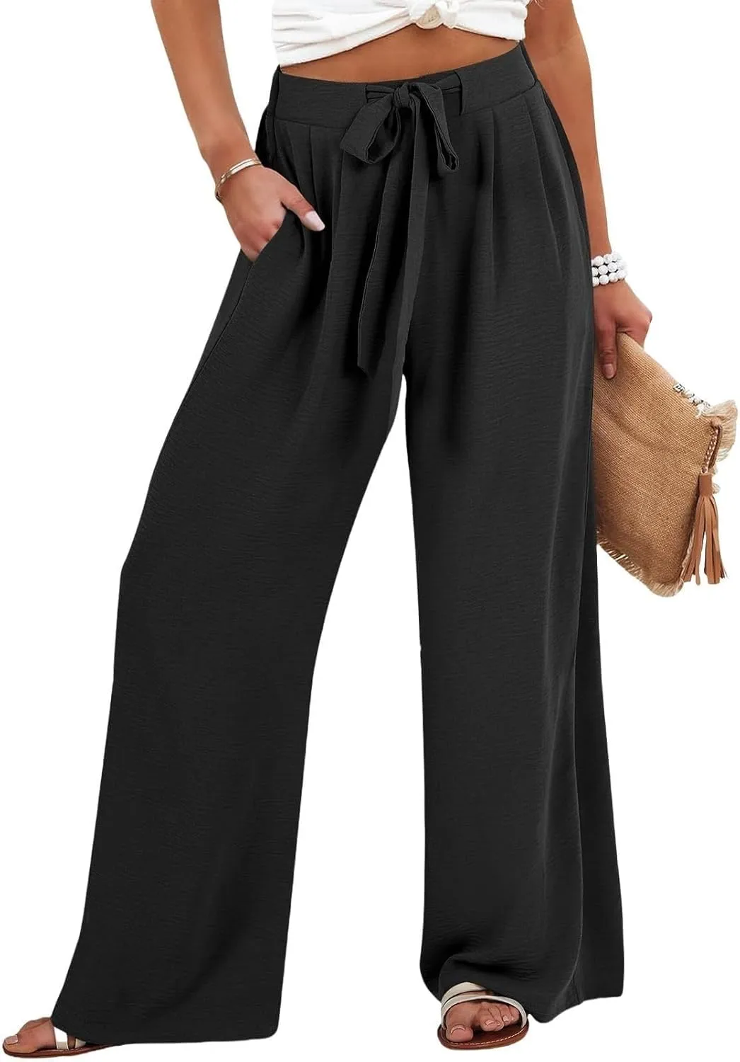 Womens High Waist Wide Leg Pants with Adjustable Knot & Pockets, Loose Fit Business Casual Office Work Trousers