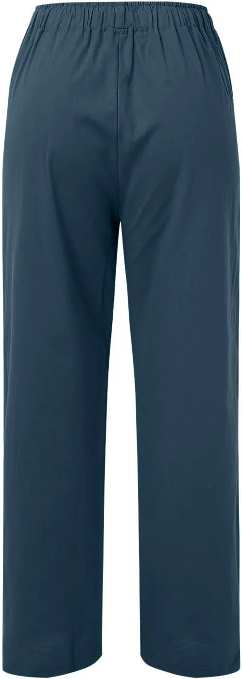 Womens Linen Blend Summer Letter Patched Palazzo Lounge Pants Elastic Waist Wide Leg Slim Fit Palazzo