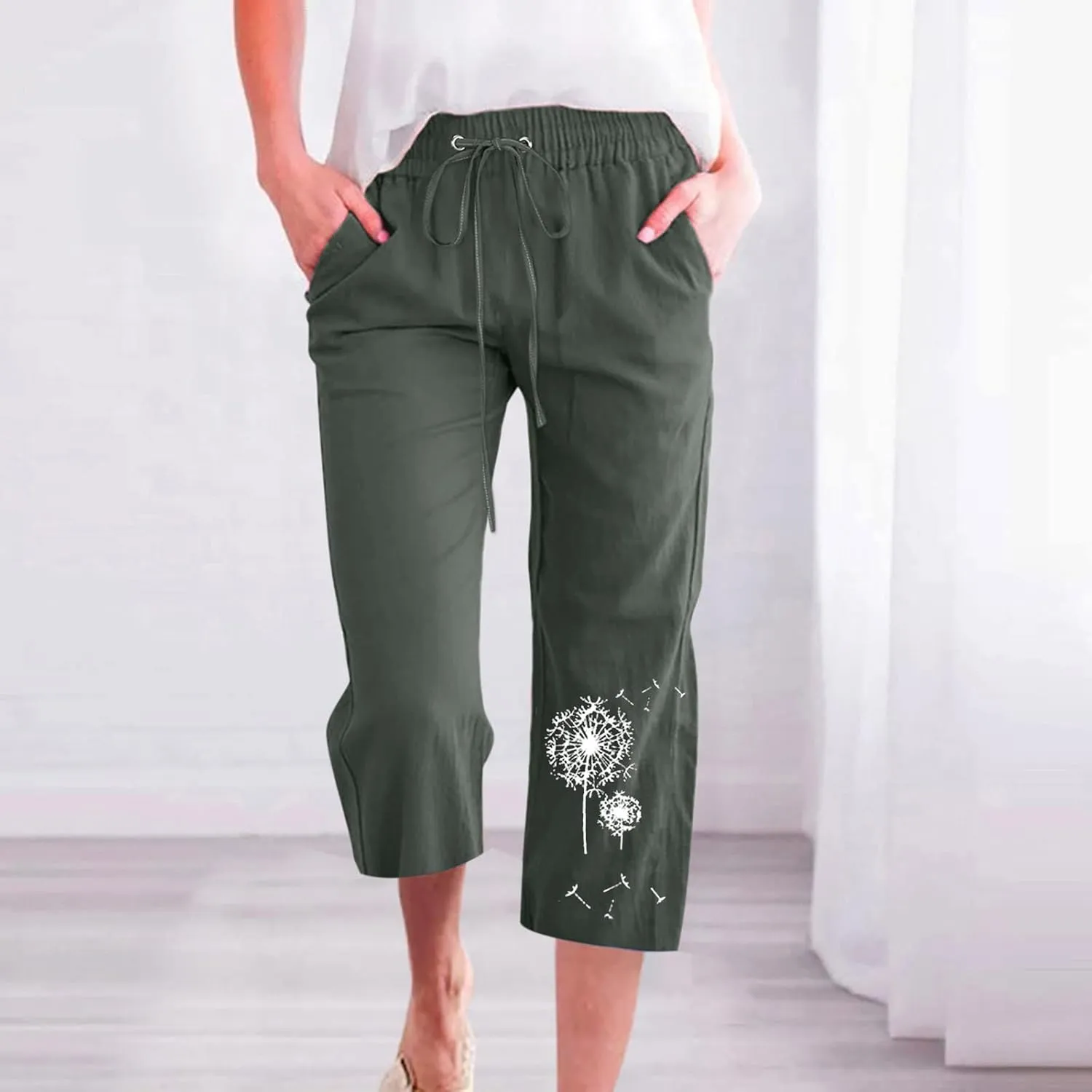 Womens Linen Capris Casual Summer Elastic High Waist Dandelion Print Capri Pants Wide Leg Cropped Lounge Trousers