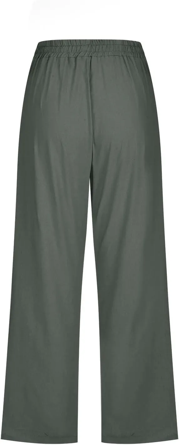 Womens Linen Capris Casual Summer Elastic High Waist Dandelion Print Capri Pants Wide Leg Cropped Lounge Trousers