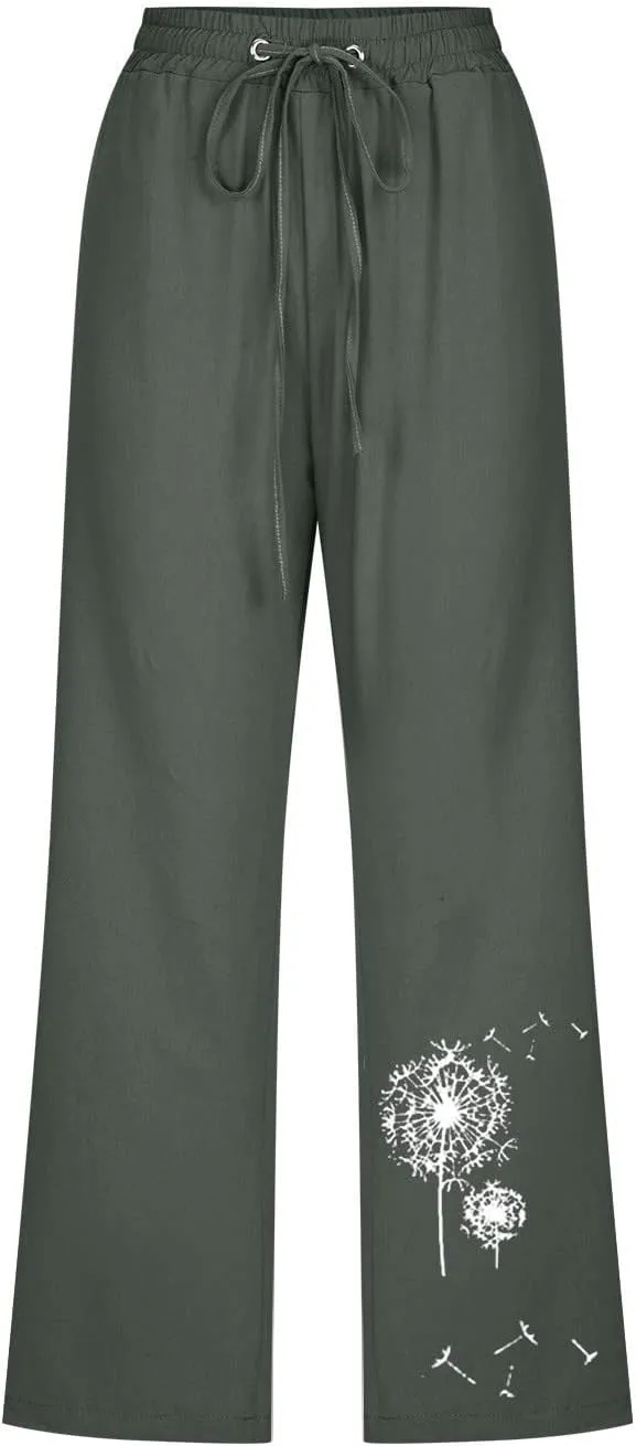 Womens Linen Capris Casual Summer Elastic High Waist Dandelion Print Capri Pants Wide Leg Cropped Lounge Trousers