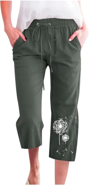 Womens Linen Capris Casual Summer Elastic High Waist Dandelion Print Capri Pants Wide Leg Cropped Lounge Trousers