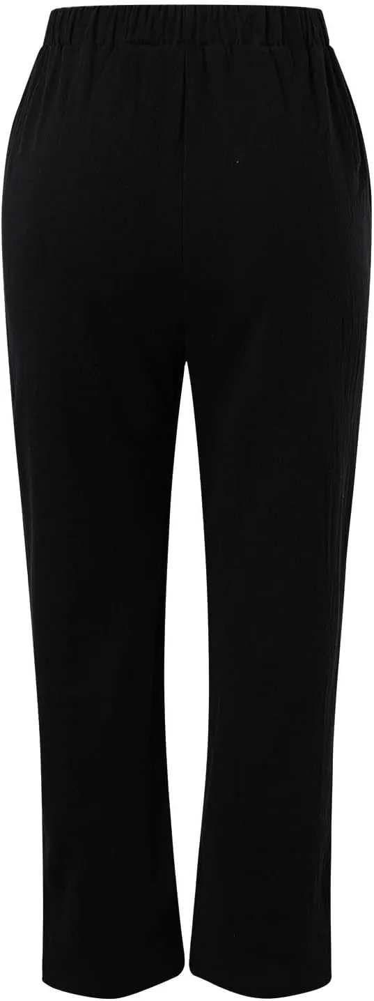 Womens Linen Summer Trendy Palazzo Lounge Pants Low Waist Bootcut Loose Fit Trousers Work Business