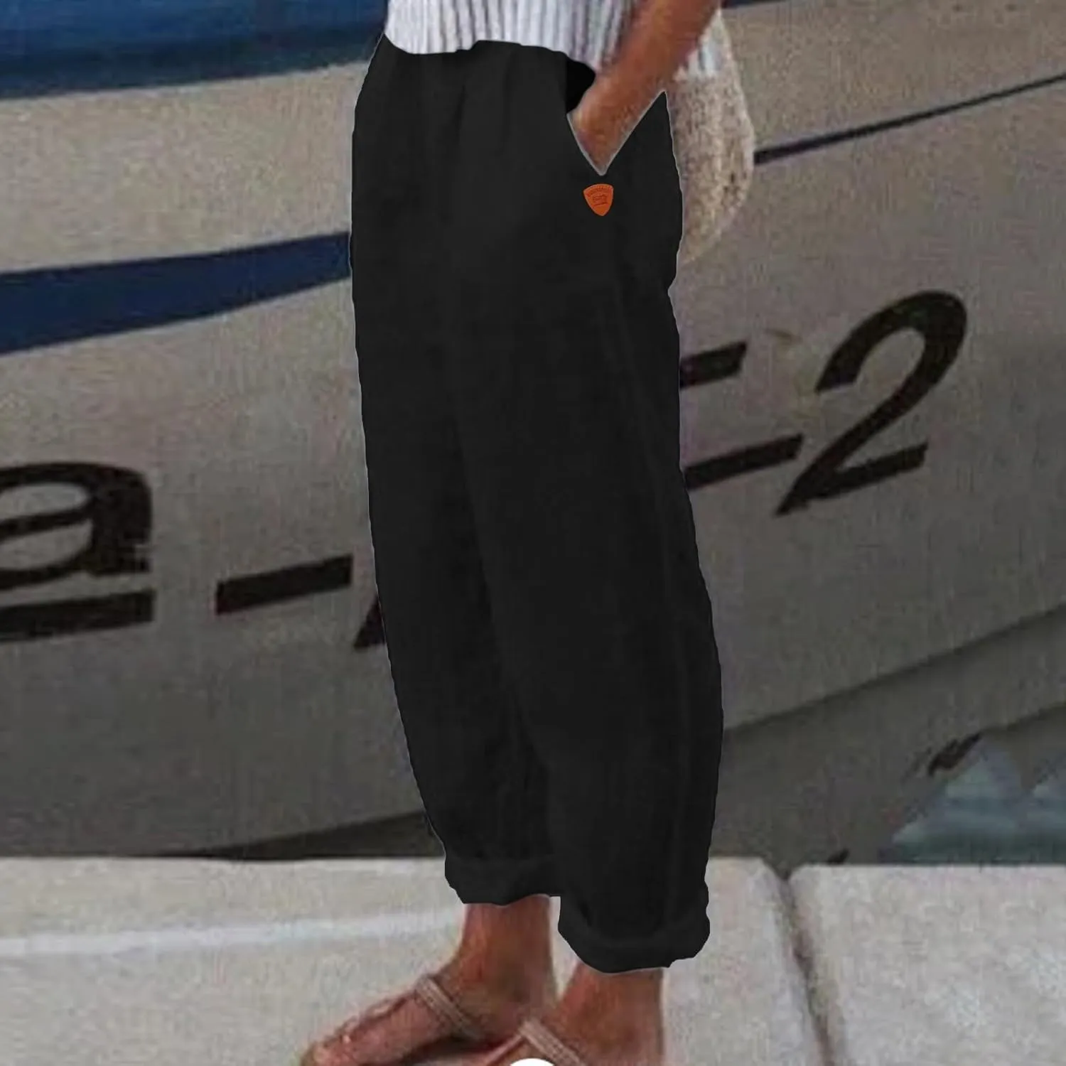 Womens Linen Summer Trendy Palazzo Lounge Pants Low Waist Bootcut Loose Fit Trousers Work Business