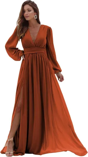 Women's Long Sleeve Bridesmaid Dresses with Slit V Neck Chiffon A Line Formal Prom Dresses Evening Gowns