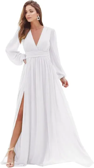 Women's Long Sleeve Bridesmaid Dresses with Slit V Neck Chiffon A Line Formal Prom Dresses Evening Gowns