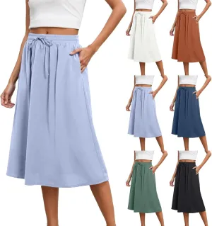 Women's Midi Skirt Summer Pleated Flowy Elastic High Waisted A-Line Skirt with Pockets Bohemia for Women 2025 Trendy