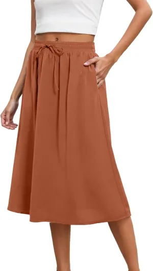 Women's Midi Skirt Summer Pleated Flowy Elastic High Waisted A-Line Skirt with Pockets Bohemia for Women 2025 Trendy