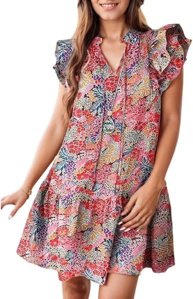 Women's Ruffle Short Sleeve Floral Print V-Neck Dress 2025 Summer Trendy A-Line Beach Flowy Swing Mini Dresses