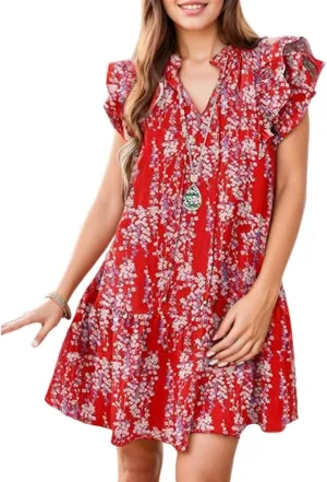 Women's Ruffle Short Sleeve Floral Print V-Neck Dress 2025 Summer Trendy A-Line Beach Flowy Swing Mini Dresses
