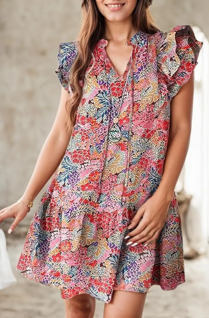 Women's Ruffle Short Sleeve Floral Print V-Neck Dress 2025 Summer Trendy A-Line Beach Flowy Swing Mini Dresses