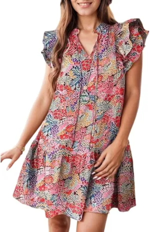 Women's Ruffle Short Sleeve Floral Print V-Neck Dress 2025 Summer Trendy A-Line Beach Flowy Swing Mini Dresses