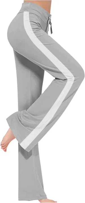 Women's Striped Wide Leg Pants High Waist Drawstring Yoga Pants Tummy Control Straight Leg Gym Workout Athletic Pants
