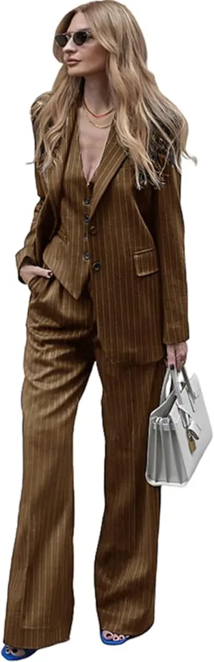 Women's Stripes 3 Piece Suits Slim Fit Office Lady Business Blazer Jacket Vest Pant Outfits