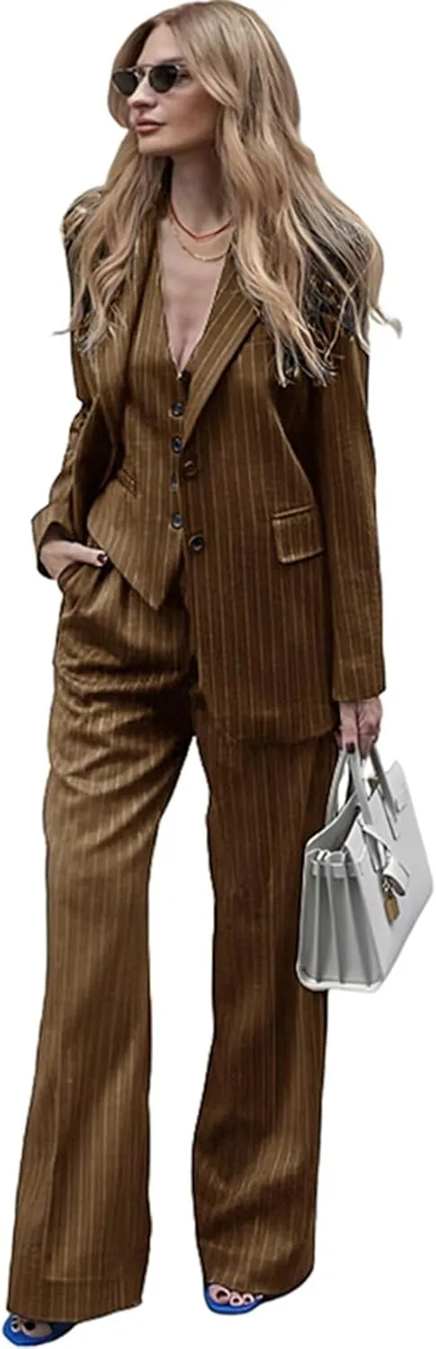 Women's Stripes 3 Piece Suits Slim Fit Office Lady Business Blazer Jacket Vest Pant Outfits