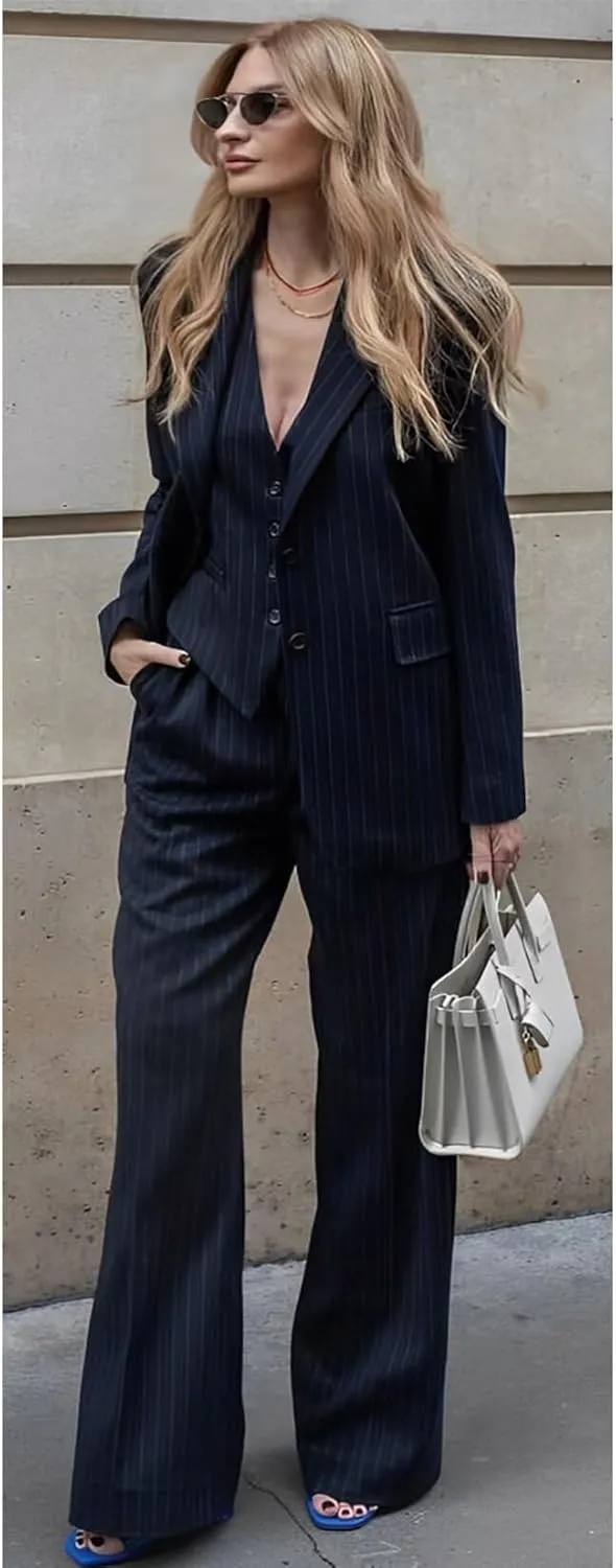 Women's Stripes 3 Piece Suits Slim Fit Office Lady Business Blazer Jacket Vest Pant Outfits