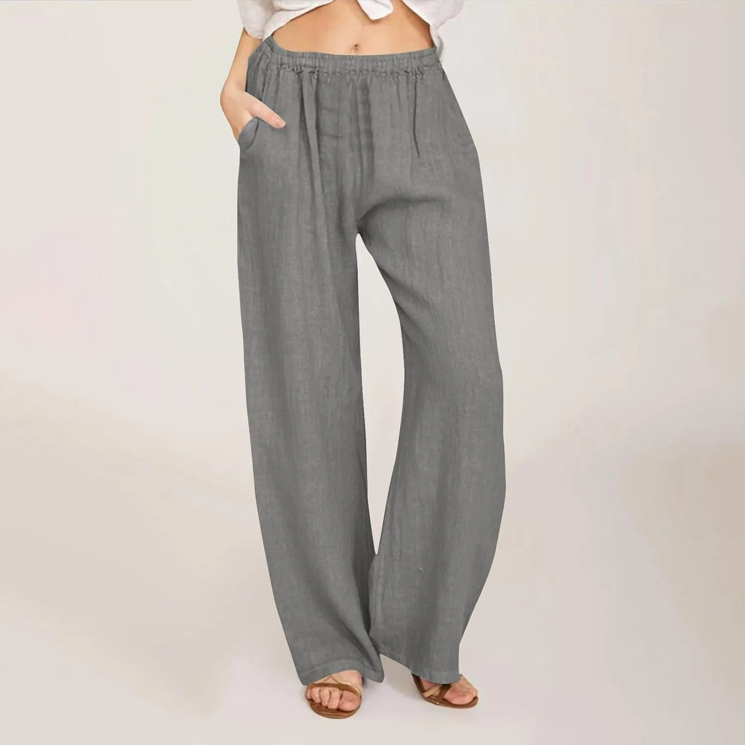 Womens Summer Cotton Linen Pants Casual Wide Leg Drawstring Waist Palazzo Pant Loose Beach Lounge Trousers