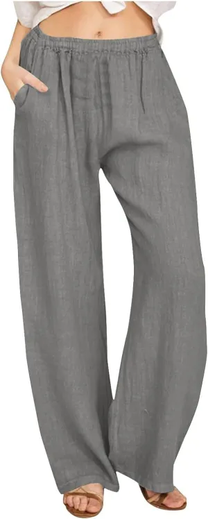 Womens Summer Cotton Linen Pants Casual Wide Leg Drawstring Waist Palazzo Pant Loose Beach Lounge Trousers