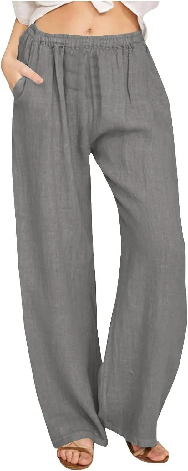 Womens Summer Cotton Linen Pants Casual Wide Leg Drawstring Waist Palazzo Pant Loose Beach Lounge Trousers