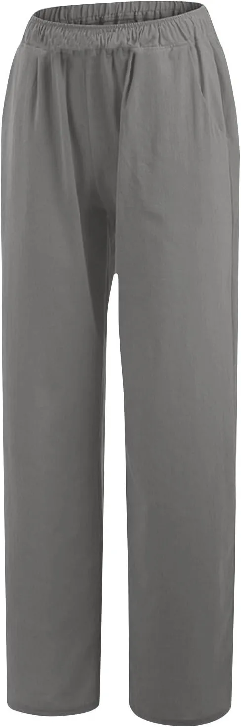 Womens Summer Cotton Linen Pants Casual Wide Leg Drawstring Waist Palazzo Pant Loose Beach Lounge Trousers