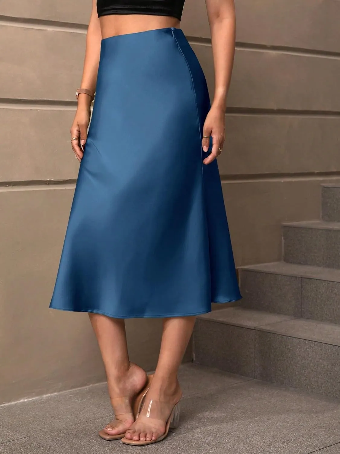 Womens Summer Flowy Skirt Dress High Waist Solid Satin Midi Skirt