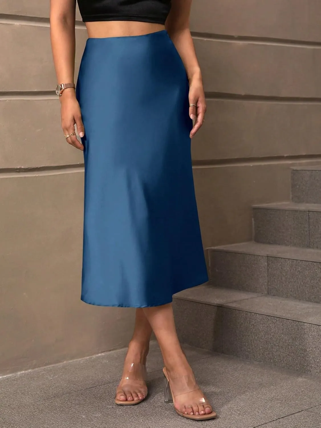 Womens Summer Flowy Skirt Dress High Waist Solid Satin Midi Skirt