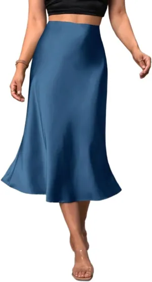 Womens Summer Flowy Skirt Dress High Waist Solid Satin Midi Skirt