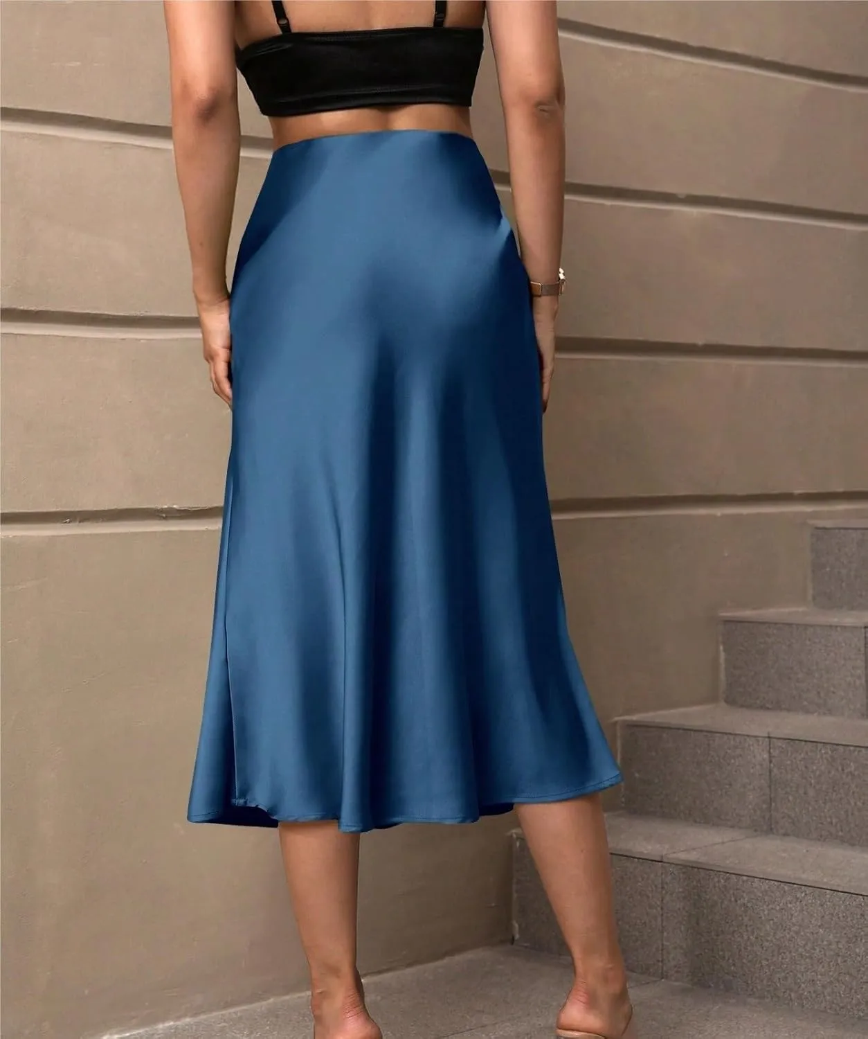 Womens Summer Flowy Skirt Dress High Waist Solid Satin Midi Skirt