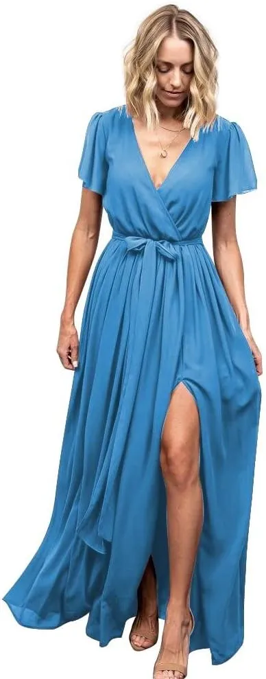 Women's V Neck Long Bridesmaid Dresses with Sleeves Chiffon A Line Slit Formal Evening Party Gowns
