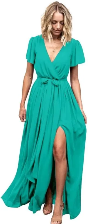 Women's V Neck Long Bridesmaid Dresses with Sleeves Chiffon A Line Slit Formal Evening Party Gowns